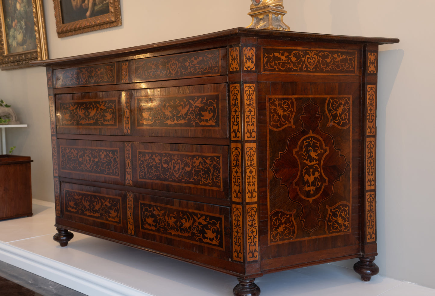 A truly exquisite example of Maltese furniture making is this grand Gradenza/ Chest of Drawers with superb veneering in fruitwood, olivewood and walnut c.1680
