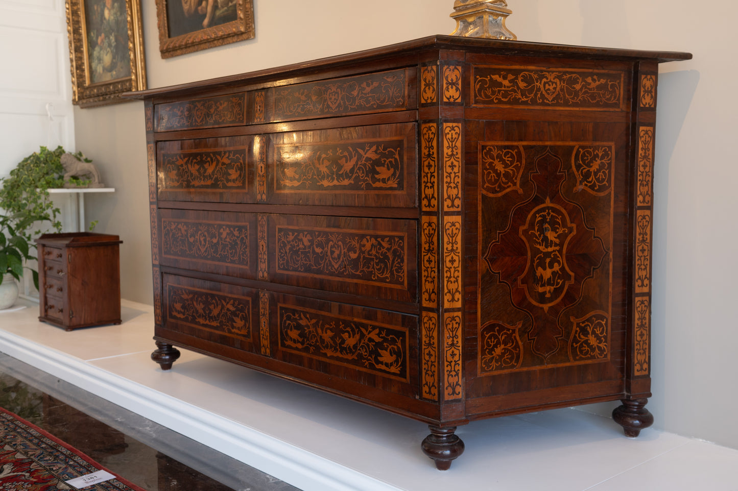 A truly exquisite example of Maltese furniture making is this grand Gradenza/ Chest of Drawers with superb veneering in fruitwood, olivewood and walnut c.1680