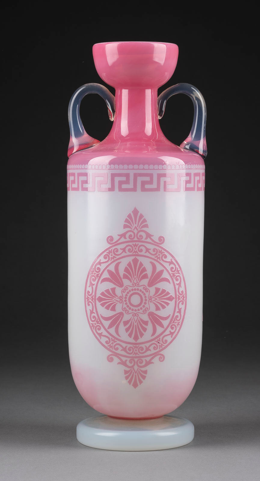 A delicate and rare German 19/20th Century handled opaline vase featuring the goddess Diana