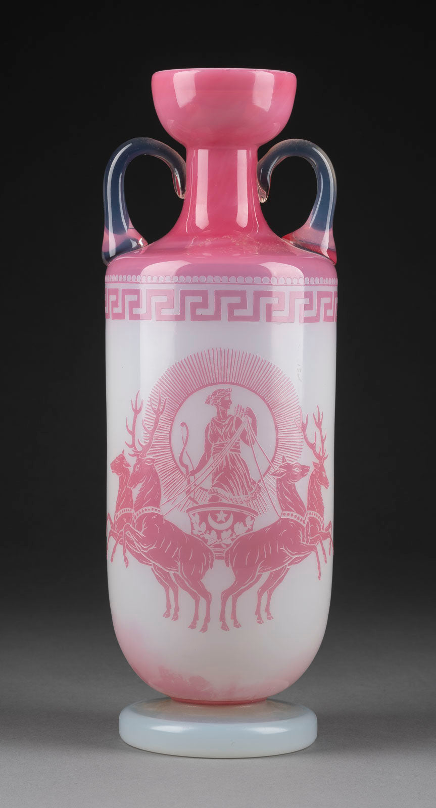 A delicate and rare German 19/20th Century handled opaline vase featuring the goddess Diana