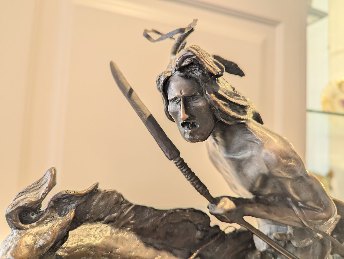 A briliant large bronze statue of a Native American (Cheyenne Tribe) warrior on horseback, marble base, signed