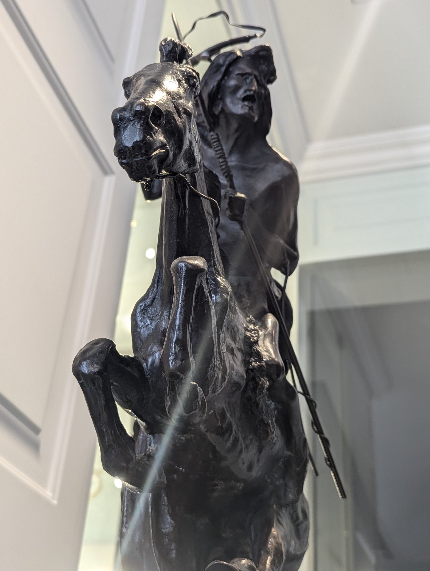 A briliant large bronze statue of a Native American (Cheyenne Tribe) warrior on horseback, marble base, signed