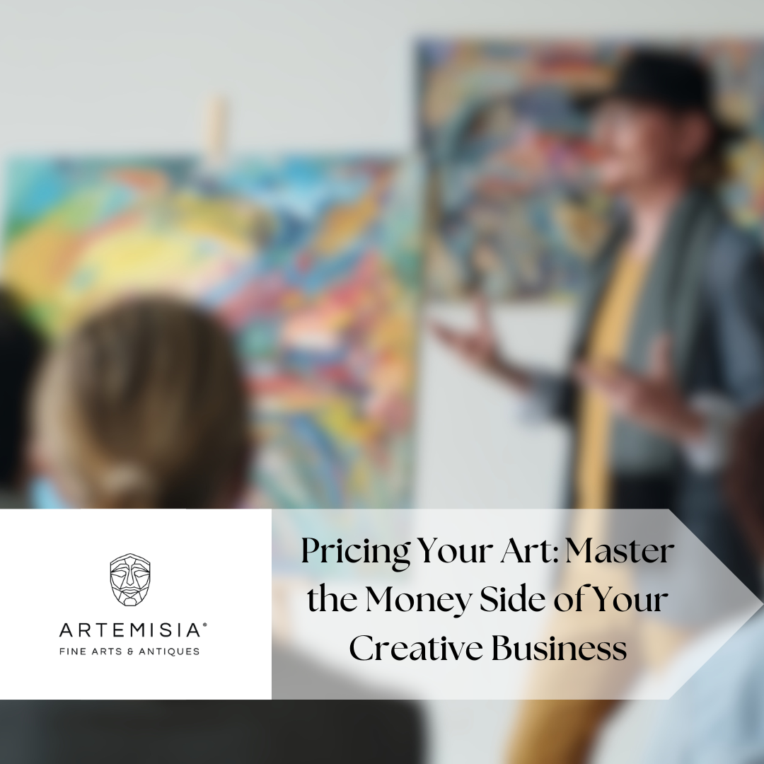 Person speaking at an event with colorful artworks in the background, featuring Artemisia Fine Arts & Antiques.