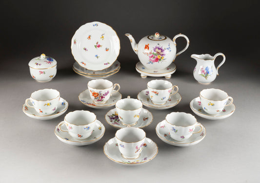 A lovely hand-painted and gilt Floral MEISSEN 23-Piece Tea Service