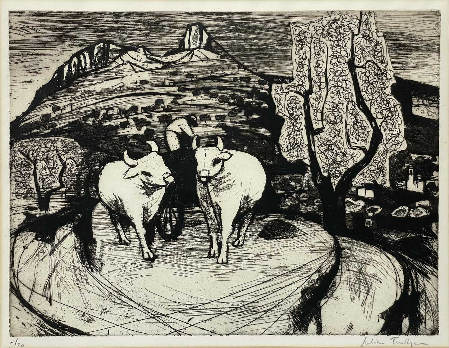 A fantastic print titled 'Oxen in Sardinia', 5/20, signed by Julian Trevelyan R.A., (1910-1988)