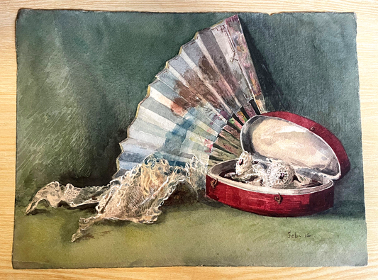 Lady's Jewels & Fan (c. 1915) - Artist Unknown | Edwardian Still Life Watercolour