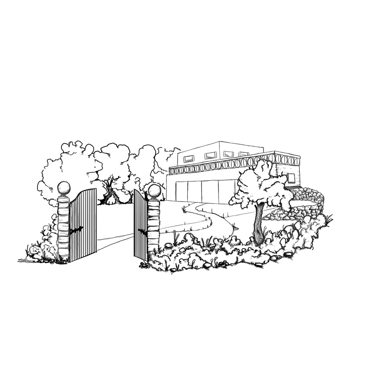 Line drawing of a house with a gate and trees