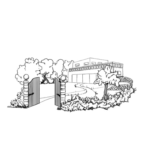 Line drawing of a house with a gate and trees