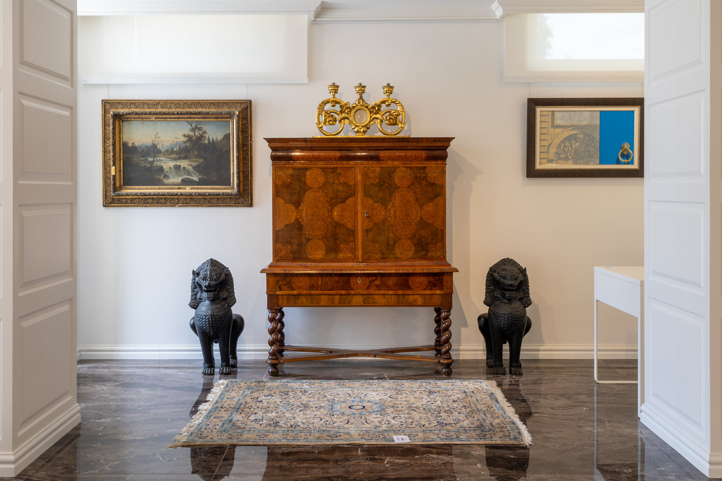 An attractive Maltese pair of 24ct gold painted and carved pine ecclesiastical (altar?) candelabra featuring sacred texts in a central glass roundel c.1800