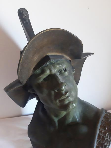 Patinated Metal Bust of a Gladiator, Signed R. Aurili (Italian, 1834 – 1914)