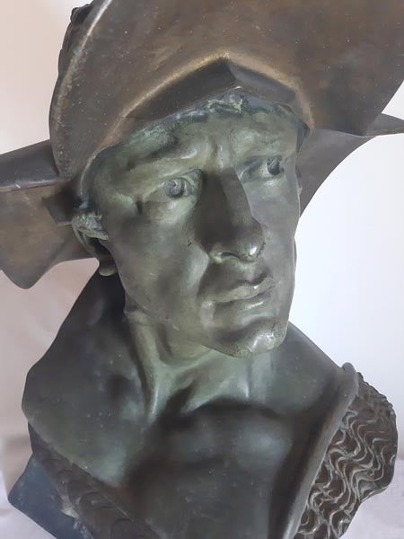 Patinated Metal Bust of a Gladiator, Signed R. Aurili (Italian, 1834 – 1914)