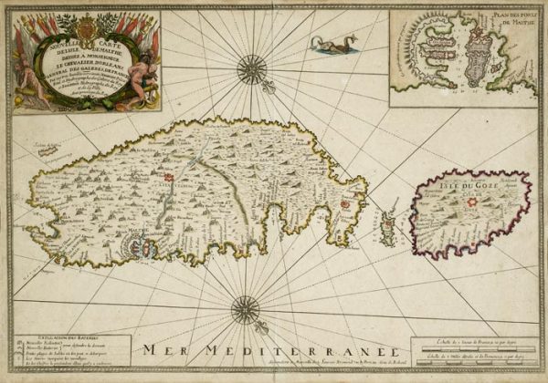 A beautiful French Map titled 'Nouvelle Carte De L’isle De Malthe' by Henri Michelot, Laurent Bremont dedicated to Chev. Jean Philippe d'Orleans (1718)