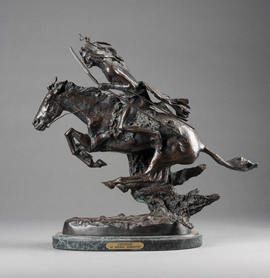 A briliant large bronze statue of a Native American (Cheyenne Tribe) warrior on horseback, marble base, signed