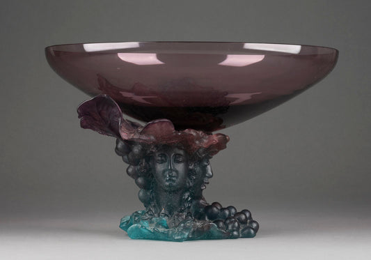 A beautifully blown and moulded large signed centrepiece featuring Bacchus at the base by DAUM, France, late 20th century