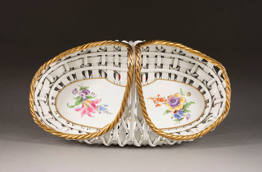 A gorgeous signed and numbered Meissen porcelain basket with hand painted floral design with gold staffage c.1900