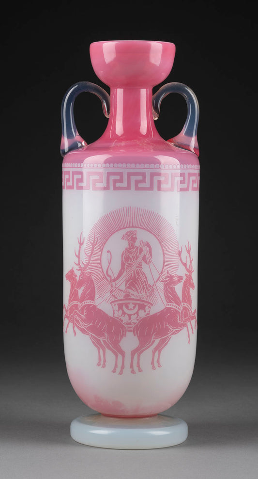 A delicate and rare German 19/20th Century handled opaline vase featuring the goddess Diana