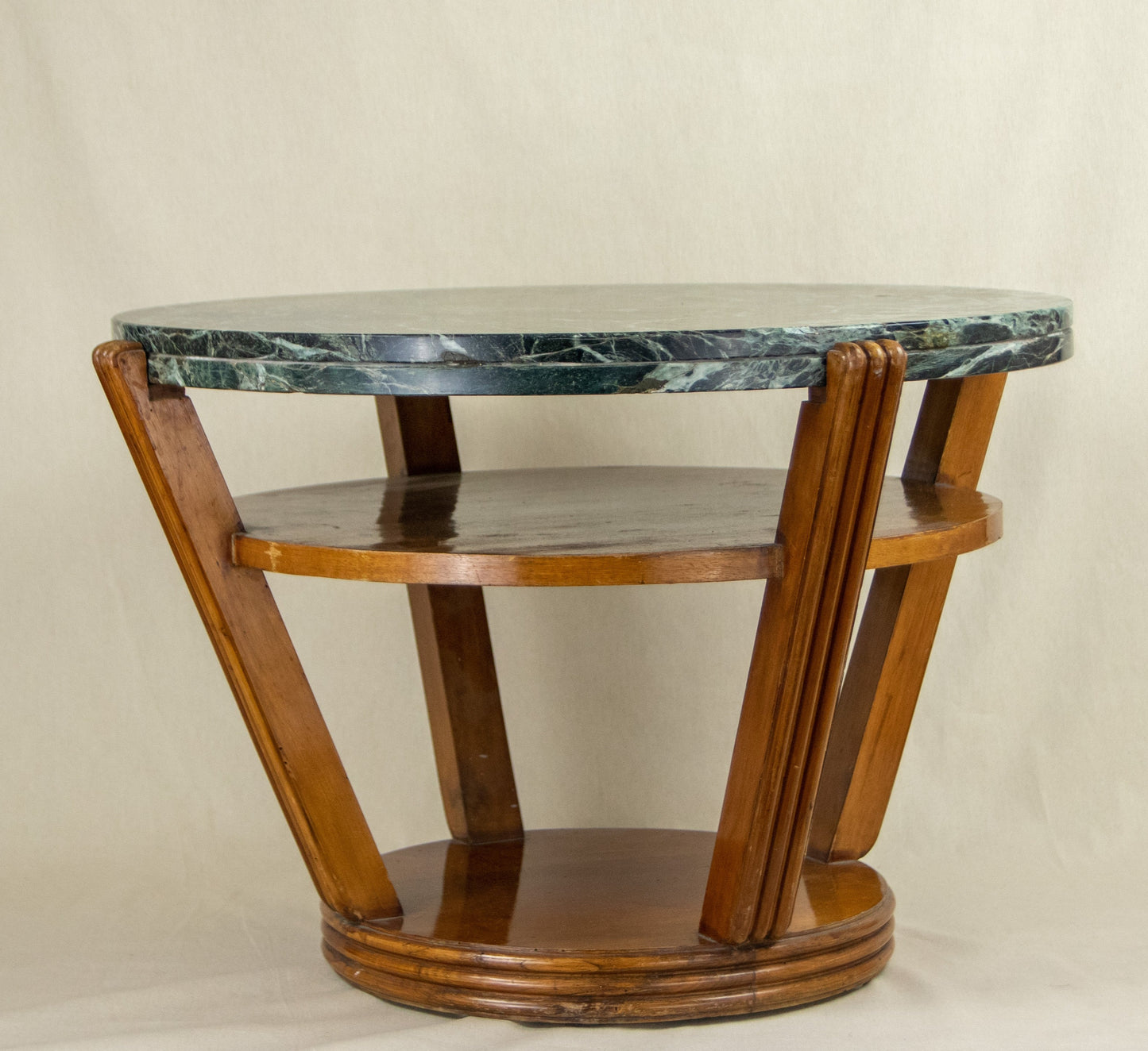 Art Deco walnut coffee table with Verdi Alpi marble top (c. 1920)