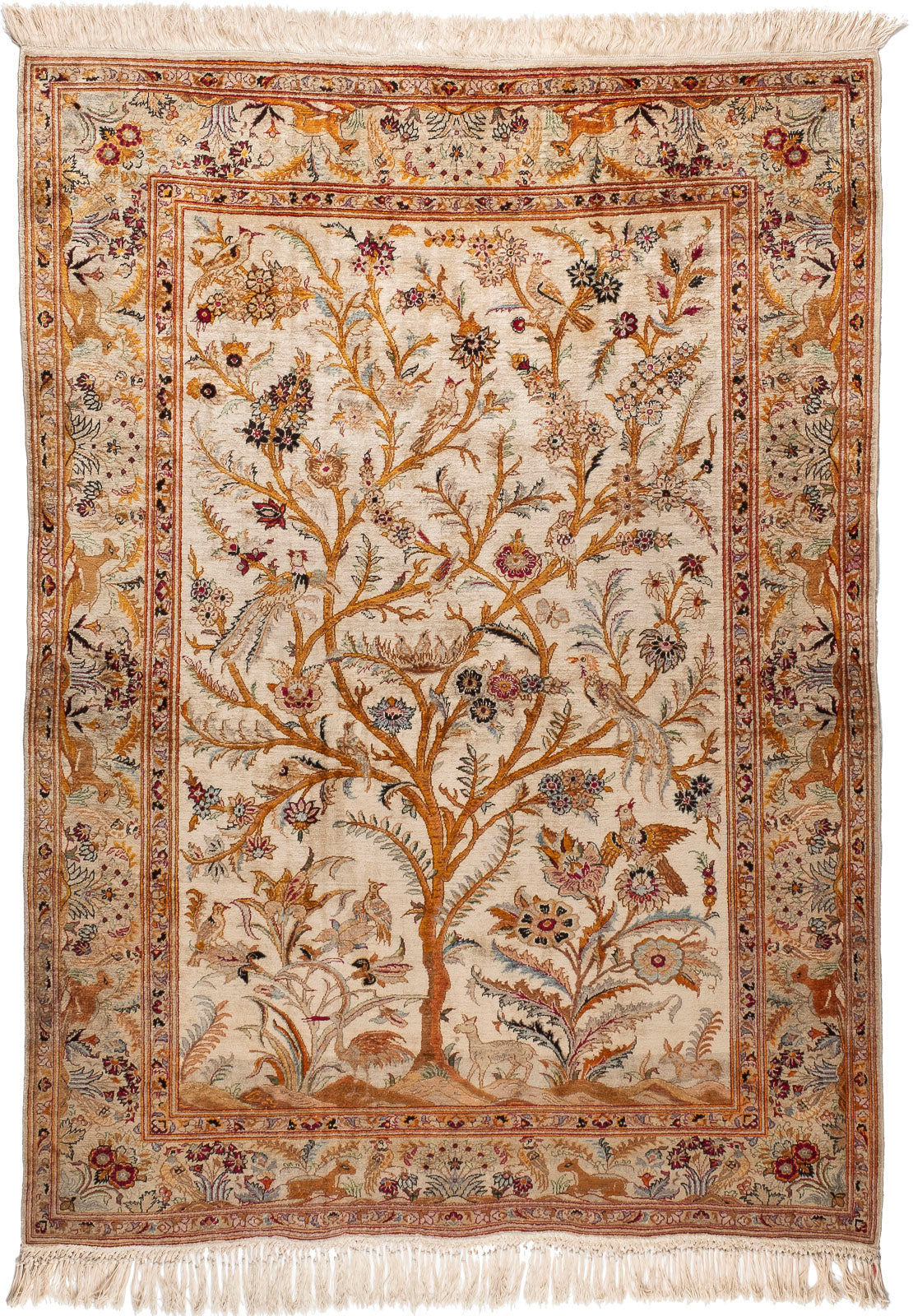 A divine silk Keshan rug featuring The Tree of Life c.1950