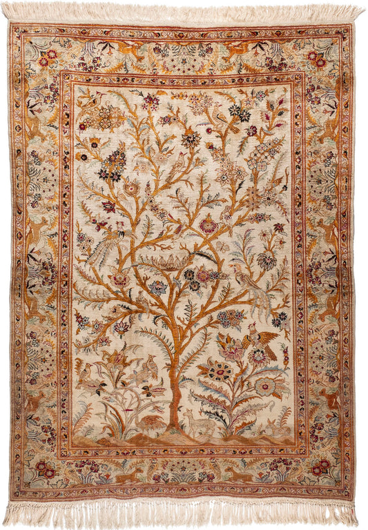 A divine silk Keshan rug featuring The Tree of Life c.1950