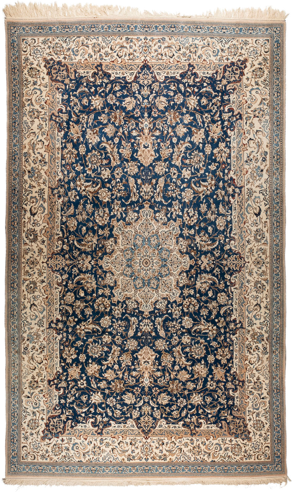 An intricate and truly elegant navy blue and taupe Silk Nain (Persia) rug (9LA classification) c.1950