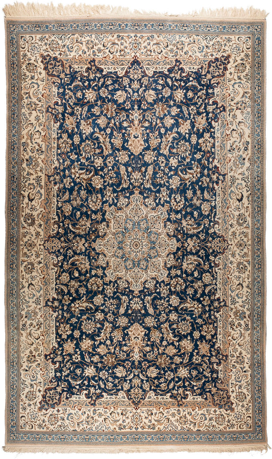 An intricate and truly elegant navy blue and taupe Silk Nain (Persia) rug (9LA classification) c.1950