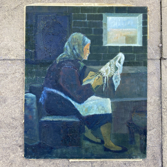 The Lacemaker on Gozo (1978) - Lyn Cau | Maltese Contemporary Oil Painting