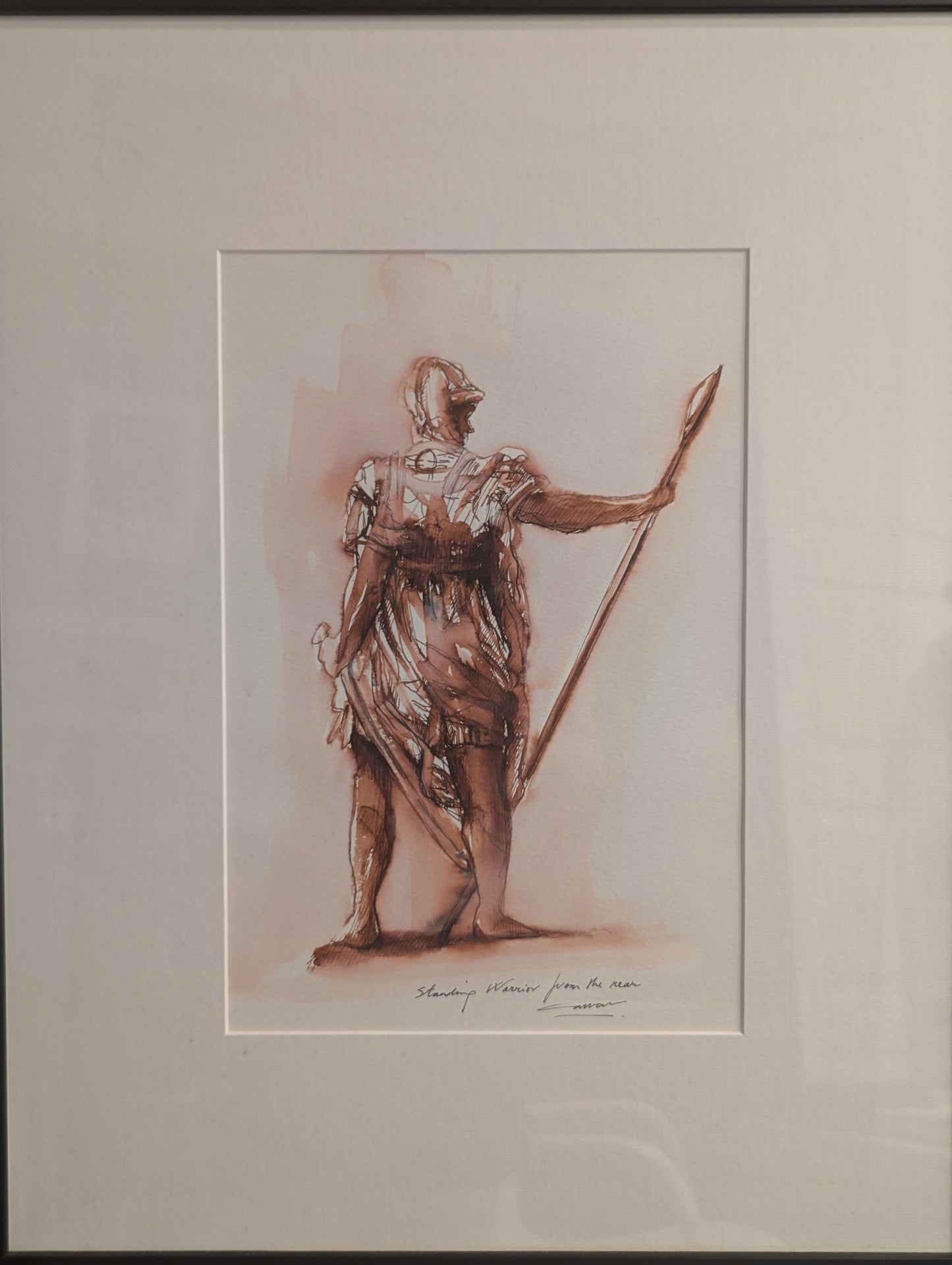 An attractive figurative study of a Standing Warrior, by (Prof) Joseph Paul Cassar (pen, sepia ink)