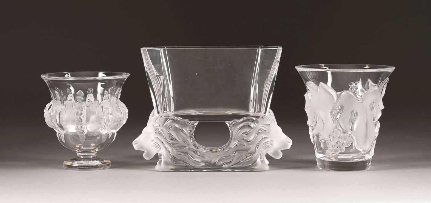 A lovely trio of inscribed Lalique cystal vases all partly with a satin finish