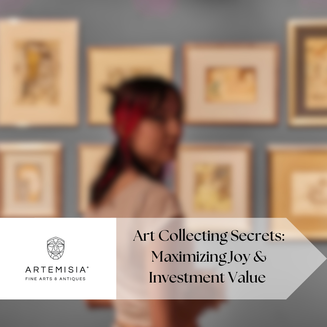 Woman standing in front of framed art with text overlay about art collecting secrets.