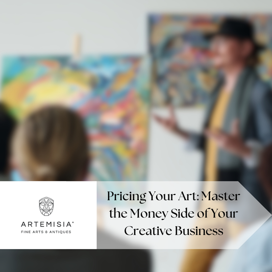 Person speaking at an event with colorful artworks in the background, featuring Artemisia Fine Arts & Antiques.