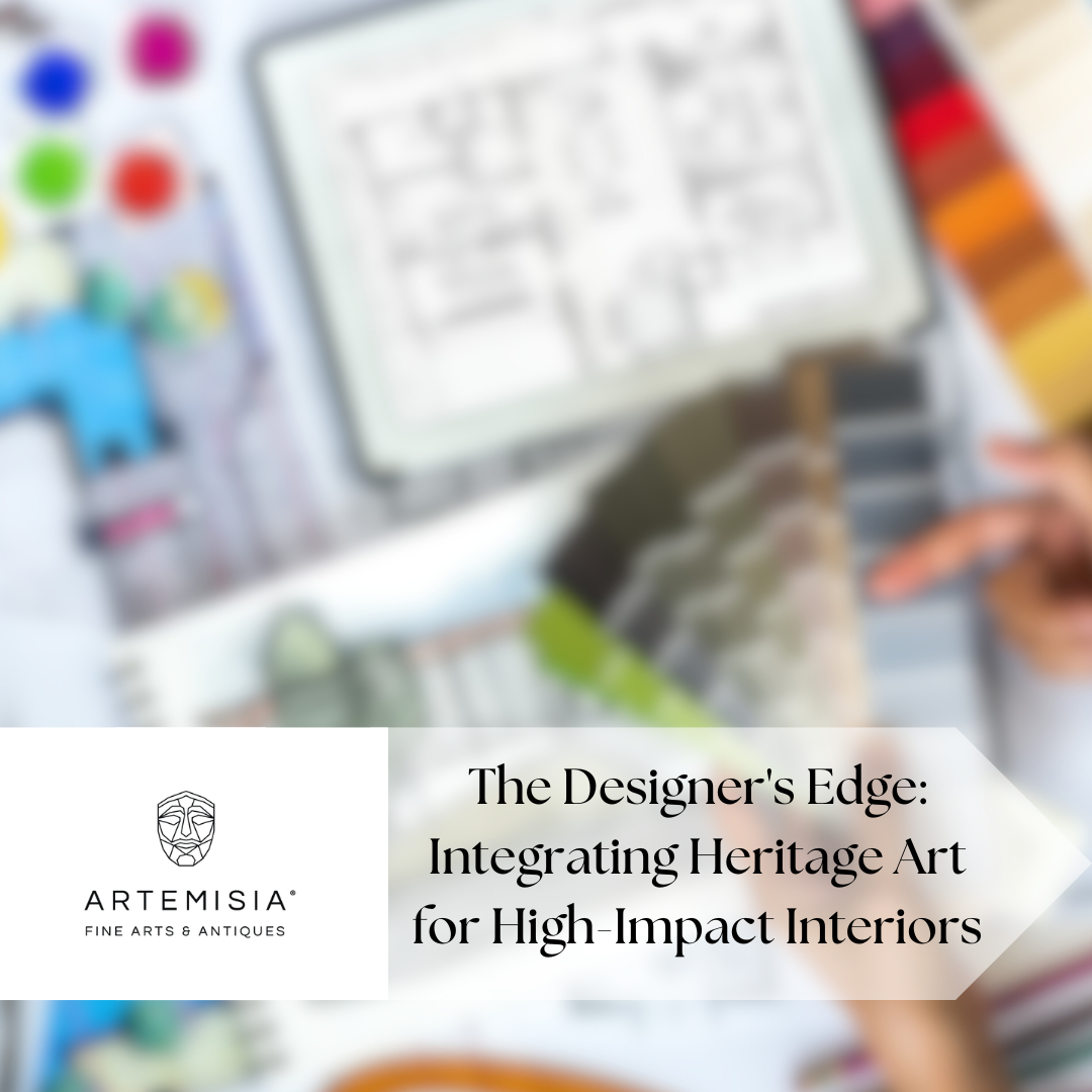 Blurred image of a person working with design tools and color swatches, with Artemisia Fine Arts & Antiques branding.