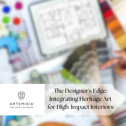 Blurred image of a person working with design tools and color swatches, with Artemisia Fine Arts & Antiques branding.