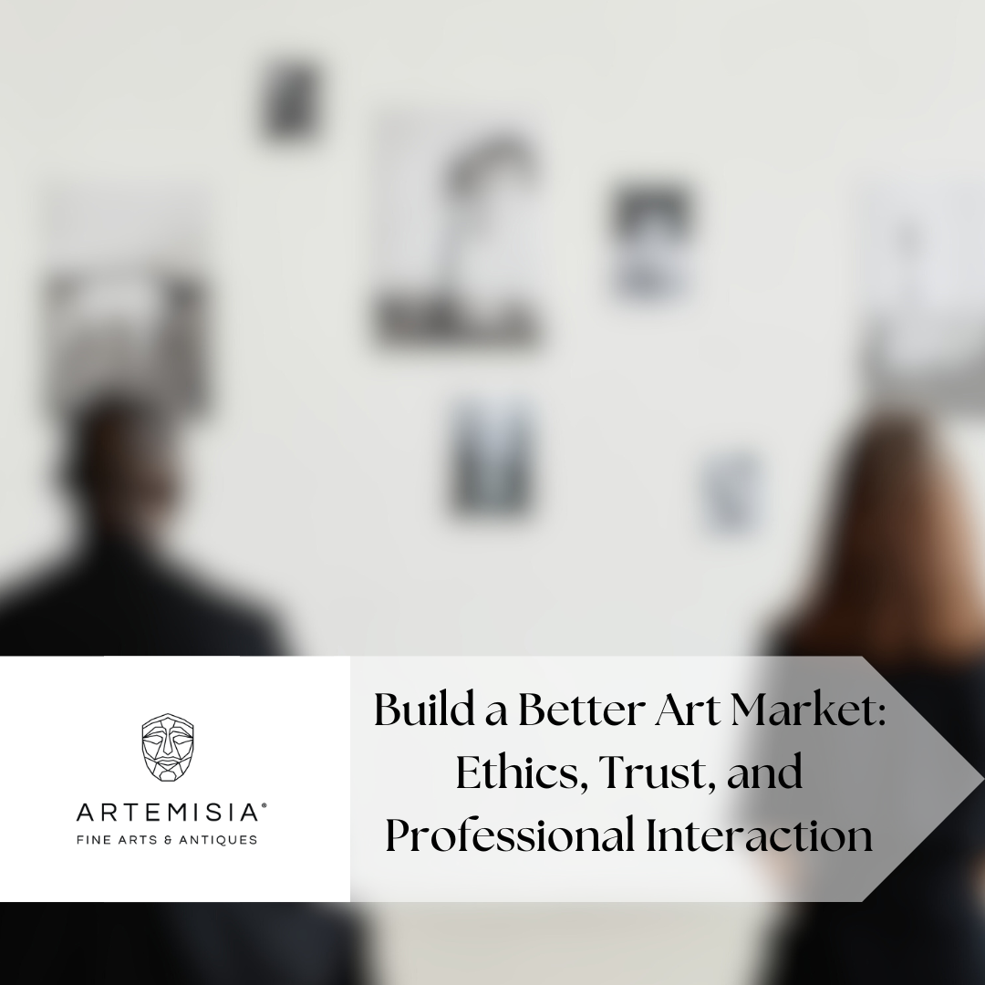 Blurred image of two people with text overlay about building a better art market, ethics, trust, and professional interaction.