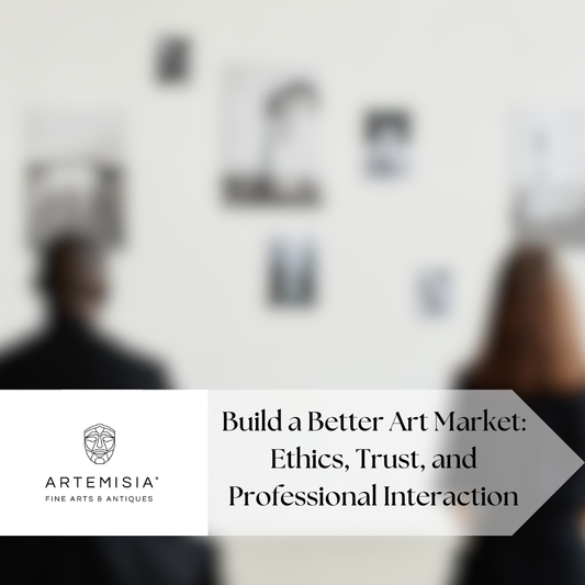 Blurred image of two people with text overlay about building a better art market, ethics, trust, and professional interaction.