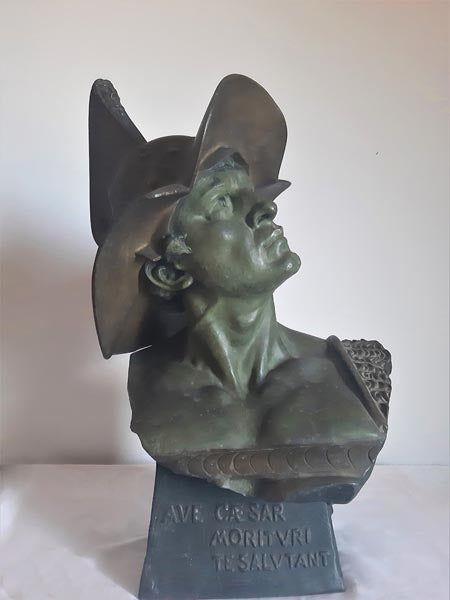 Patinated Metal Bust of a Gladiator, Signed R. Aurili (Italian, 1834 – 1914)